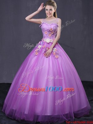 Ball Gowns Quinceanera Gown Lilac Scoop Tulle Sleeveless Floor Length Lace Up