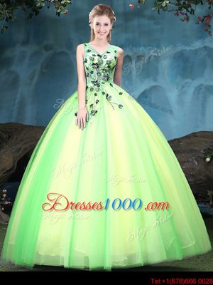 Exceptional Sleeveless Tulle Floor Length Lace Up Quinceanera Gown in Multi-color for with Appliques