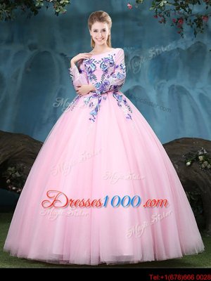 Spectacular Baby Pink Lace Up Scoop Appliques Quinceanera Gowns Tulle Long Sleeves