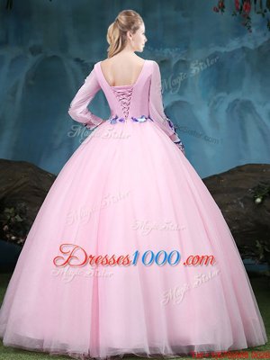 Spectacular Baby Pink Lace Up Scoop Appliques Quinceanera Gowns Tulle Long Sleeves