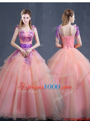 Watermelon Red Sleeveless Organza Lace Up 15 Quinceanera Dress for Military Ball and Sweet 16 and Quinceanera