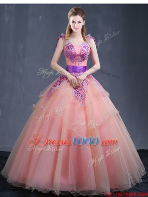 Watermelon Red Sleeveless Organza Lace Up 15 Quinceanera Dress for Military Ball and Sweet 16 and Quinceanera