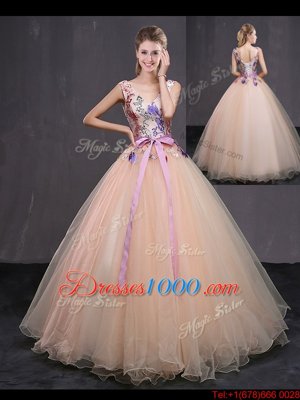 Appliques and Belt Quinceanera Gown Peach Lace Up Sleeveless Floor Length