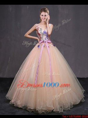 Appliques and Belt Quinceanera Gown Peach Lace Up Sleeveless Floor Length