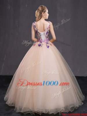 Appliques and Belt Quinceanera Gown Peach Lace Up Sleeveless Floor Length