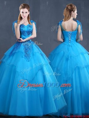 V-neck Sleeveless Ball Gown Prom Dress Floor Length Appliques Baby Blue Tulle