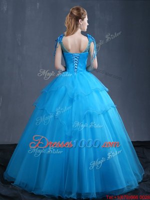 V-neck Sleeveless Ball Gown Prom Dress Floor Length Appliques Baby Blue Tulle