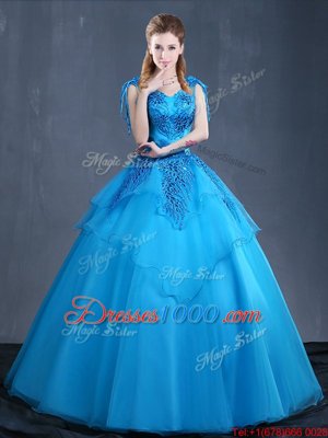 V-neck Sleeveless Ball Gown Prom Dress Floor Length Appliques Baby Blue Tulle