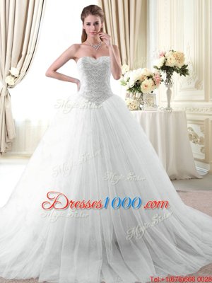Artistic White Ball Gowns Tulle Sweetheart Sleeveless Beading With Train Lace Up Quinceanera Dress Brush Train