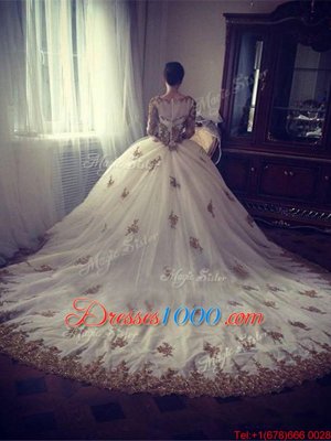 Edgy White Scoop Zipper Appliques Vestidos de Quinceanera Chapel Train Long Sleeves