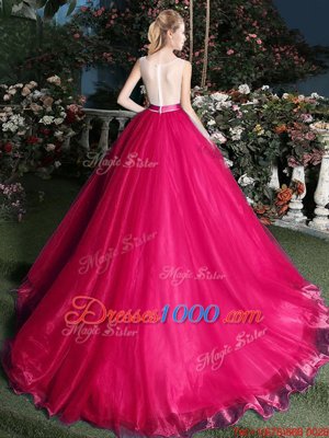 Scoop Zipper Ball Gown Prom Dress Hot Pink and In for Military Ball and Sweet 16 and Quinceanera with Appliques and Belt Brush Train