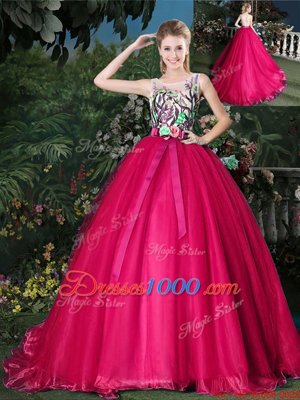 Scoop Zipper Ball Gown Prom Dress Hot Pink and In for Military Ball and Sweet 16 and Quinceanera with Appliques and Belt Brush Train