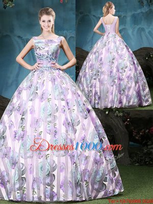 Straps Straps Multi-color Tulle Lace Up Ball Gown Prom Dress Sleeveless Floor Length Appliques and Pattern