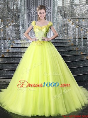 Custom Fit Straps Straps Sleeveless Brush Train Beading and Appliques Lace Up Quince Ball Gowns