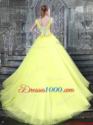 Custom Fit Straps Straps Sleeveless Brush Train Beading and Appliques Lace Up Quince Ball Gowns