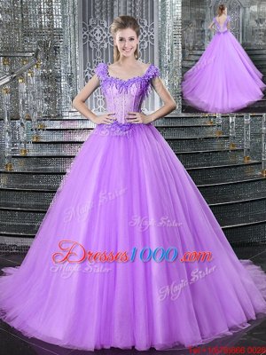 Flirting Straps Sleeveless Quinceanera Gowns With Brush Train Beading and Appliques Lilac Tulle