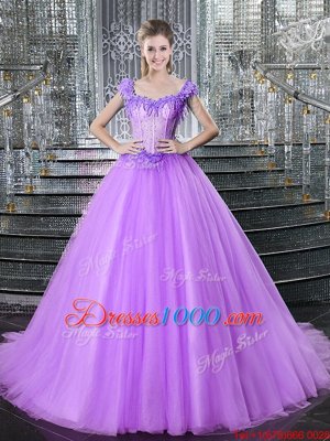 Flirting Straps Sleeveless Quinceanera Gowns With Brush Train Beading and Appliques Lilac Tulle