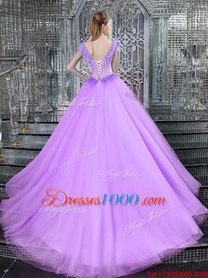 Flirting Straps Sleeveless Quinceanera Gowns With Brush Train Beading and Appliques Lilac Tulle