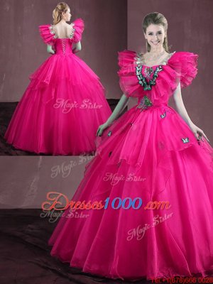 Floor Length Ball Gowns Sleeveless Hot Pink 15th Birthday Dress Lace Up