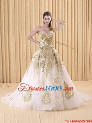 Organza Sweetheart Sleeveless Sweep Train Lace Up Appliques Quinceanera Gowns in White