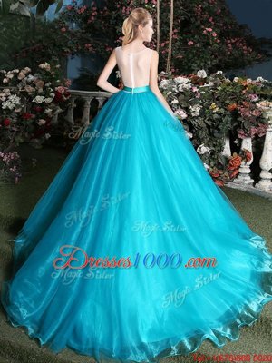 Teal Scoop Neckline Appliques and Belt Quinceanera Gown Sleeveless Zipper