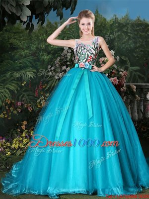 Teal Scoop Neckline Appliques and Belt Quinceanera Gown Sleeveless Zipper