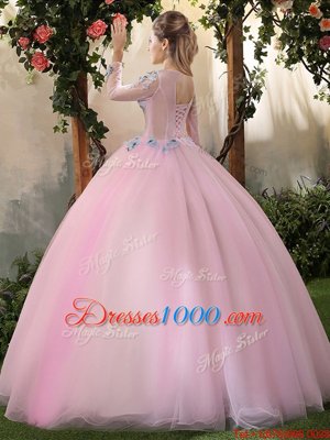 Shining Baby Pink Ball Gowns Tulle Scoop Long Sleeves Appliques Floor Length Lace Up Quinceanera Gown
