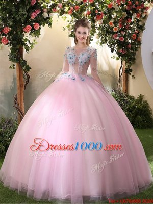 Shining Baby Pink Ball Gowns Tulle Scoop Long Sleeves Appliques Floor Length Lace Up Quinceanera Gown