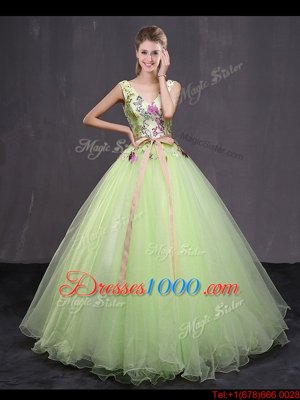 Yellow Green Tulle Lace Up V-neck Sleeveless Floor Length Quinceanera Gowns Appliques and Belt