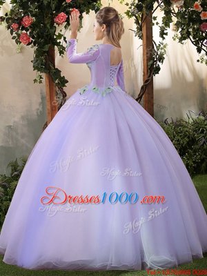 Scoop 3|4 Length Sleeve Sweet 16 Quinceanera Dress Floor Length Appliques Lavender Tulle