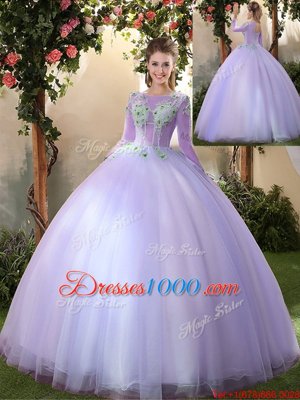 Scoop 3|4 Length Sleeve Sweet 16 Quinceanera Dress Floor Length Appliques Lavender Tulle