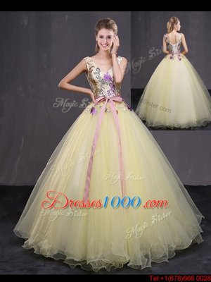 Light Yellow Sleeveless Tulle Lace Up Sweet 16 Dress for Military Ball and Sweet 16 and Quinceanera