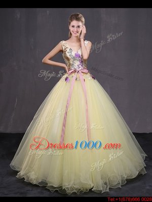 Light Yellow Sleeveless Tulle Lace Up Sweet 16 Dress for Military Ball and Sweet 16 and Quinceanera