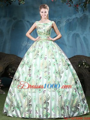 Straps Straps Sleeveless Floor Length Appliques and Pattern Lace Up Sweet 16 Dress with Multi-color