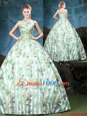 Straps Straps Sleeveless Floor Length Appliques and Pattern Lace Up Sweet 16 Dress with Multi-color