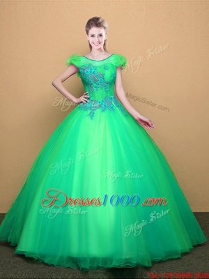 Customized Turquoise Ball Gowns Scoop Short Sleeves Tulle Floor Length Lace Up Appliques Quince Ball Gowns
