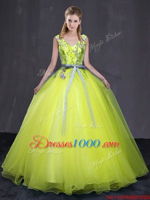 Artistic Yellow Green V-neck Neckline Appliques and Belt Vestidos de Quinceanera Sleeveless Lace Up