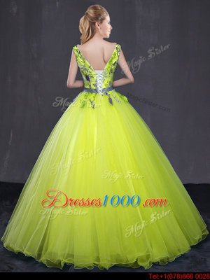 Artistic Yellow Green V-neck Neckline Appliques and Belt Vestidos de Quinceanera Sleeveless Lace Up