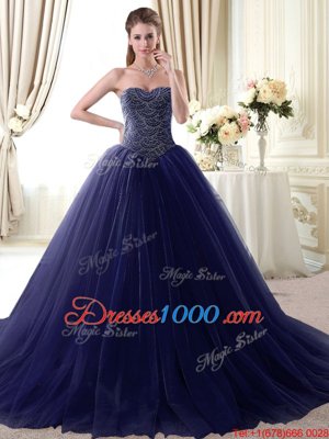 Customized Navy Blue Sleeveless Beading Floor Length 15 Quinceanera Dress