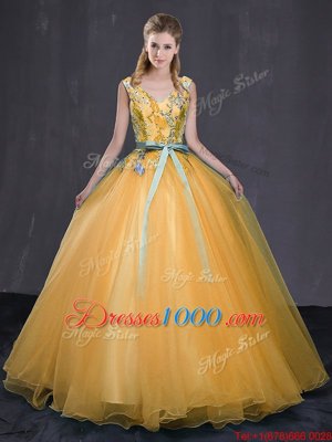 V-neck Sleeveless 15th Birthday Dress Floor Length Appliques and Belt Gold Tulle