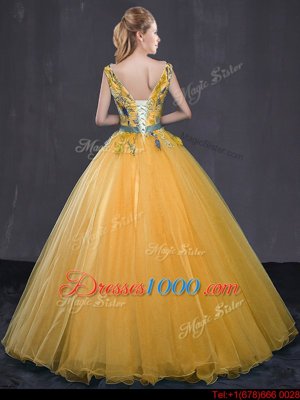 V-neck Sleeveless 15th Birthday Dress Floor Length Appliques and Belt Gold Tulle