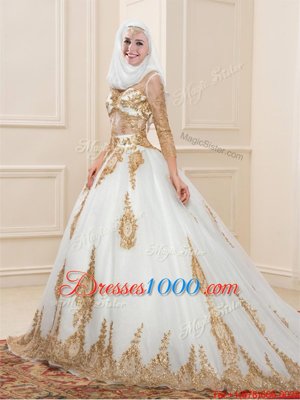 Custom Design Zipper Sweet 16 Quinceanera Dress White and In for Military Ball and Sweet 16 and Quinceanera with Appliques Sweep Train