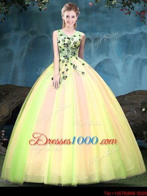 Top Selling V-neck Sleeveless Tulle Sweet 16 Dress Appliques Lace Up