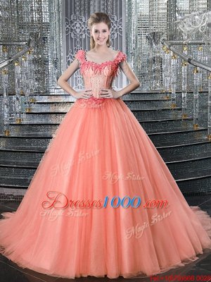 Extravagant Straps Straps Beading Quince Ball Gowns Peach Lace Up Sleeveless With Brush Train