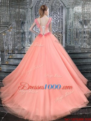 Extravagant Straps Straps Beading Quince Ball Gowns Peach Lace Up Sleeveless With Brush Train