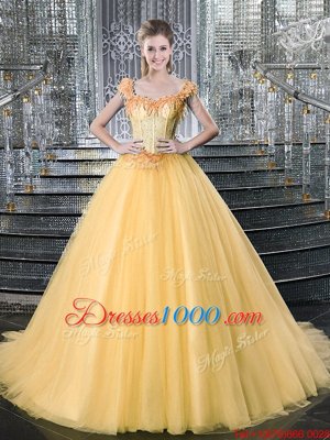 Hot Selling Straps Straps Beading Quinceanera Dresses Gold Lace Up Sleeveless With Brush Train