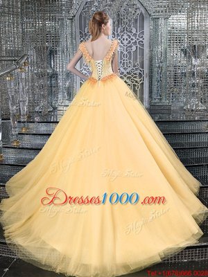 Hot Selling Straps Straps Beading Quinceanera Dresses Gold Lace Up Sleeveless With Brush Train