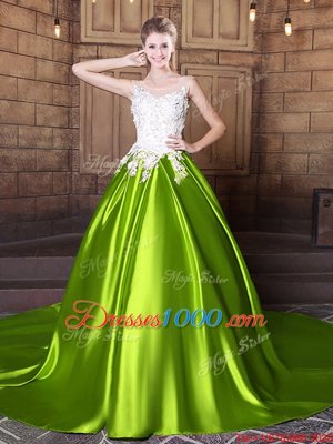 Free and Easy Scoop With Train Yellow Green Quinceanera Gown Elastic Woven Satin Court Train Sleeveless Lace and Appliques