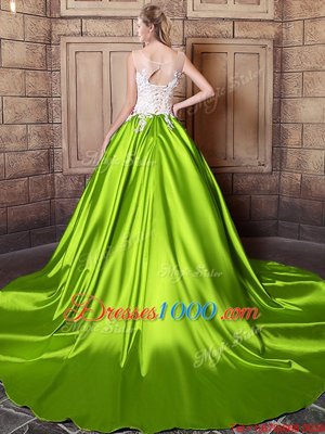 Free and Easy Scoop With Train Yellow Green Quinceanera Gown Elastic Woven Satin Court Train Sleeveless Lace and Appliques