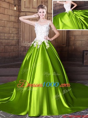 Free and Easy Scoop With Train Yellow Green Quinceanera Gown Elastic Woven Satin Court Train Sleeveless Lace and Appliques